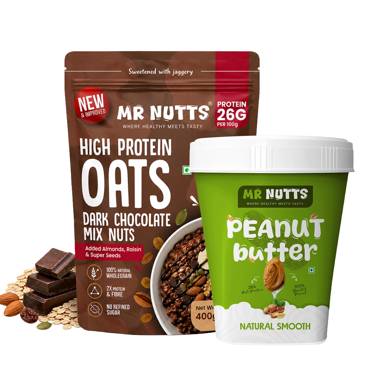 High Protein Oats – Dark Chocolate Mix Nuts (26g Protein) with Natural Smooth Peanut Butter (500g)