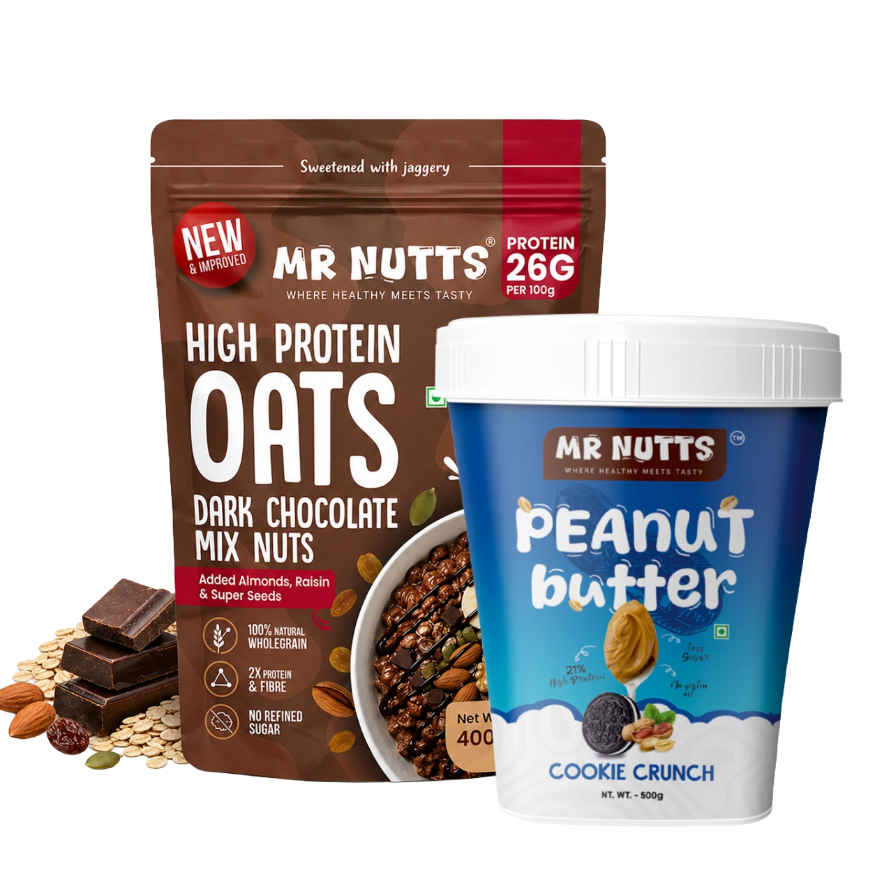 High Protein Oats – Dark Chocolate Mix Nuts (26g Protein) with Cookie Crunch Peanut Butter (500g)