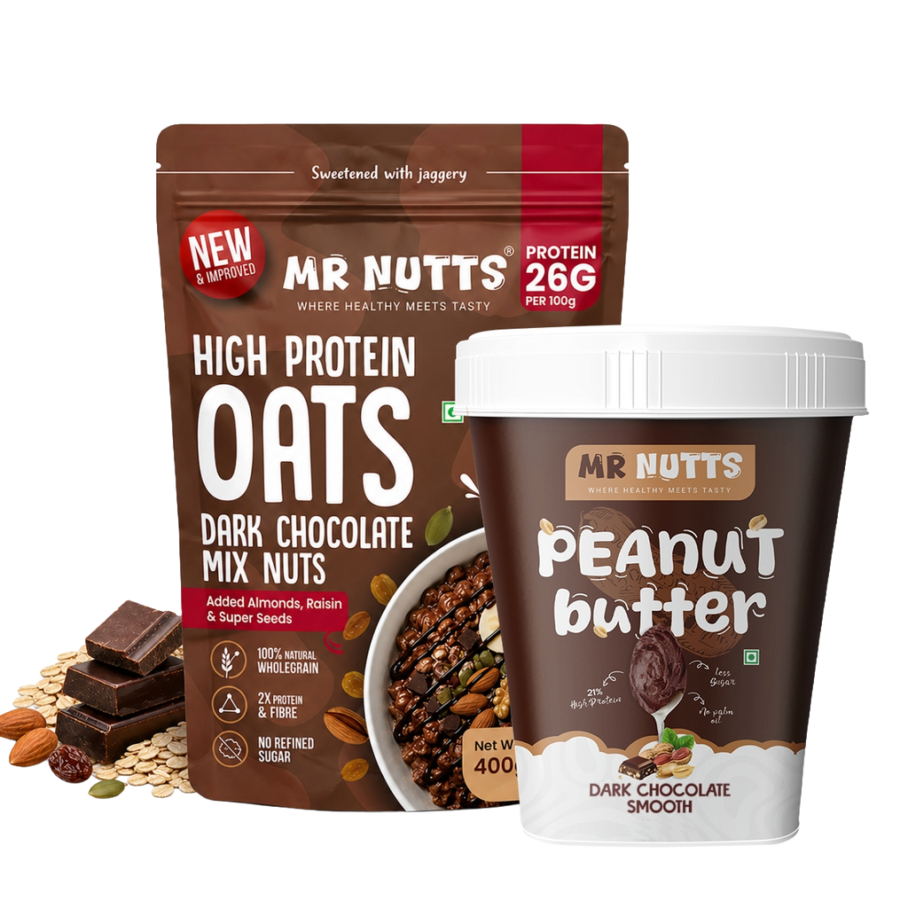 High Protein Oats – Dark Chocolate Mix Nuts (26g Protein) with Dark Chocolate Smooth Peanut Butter (500g)