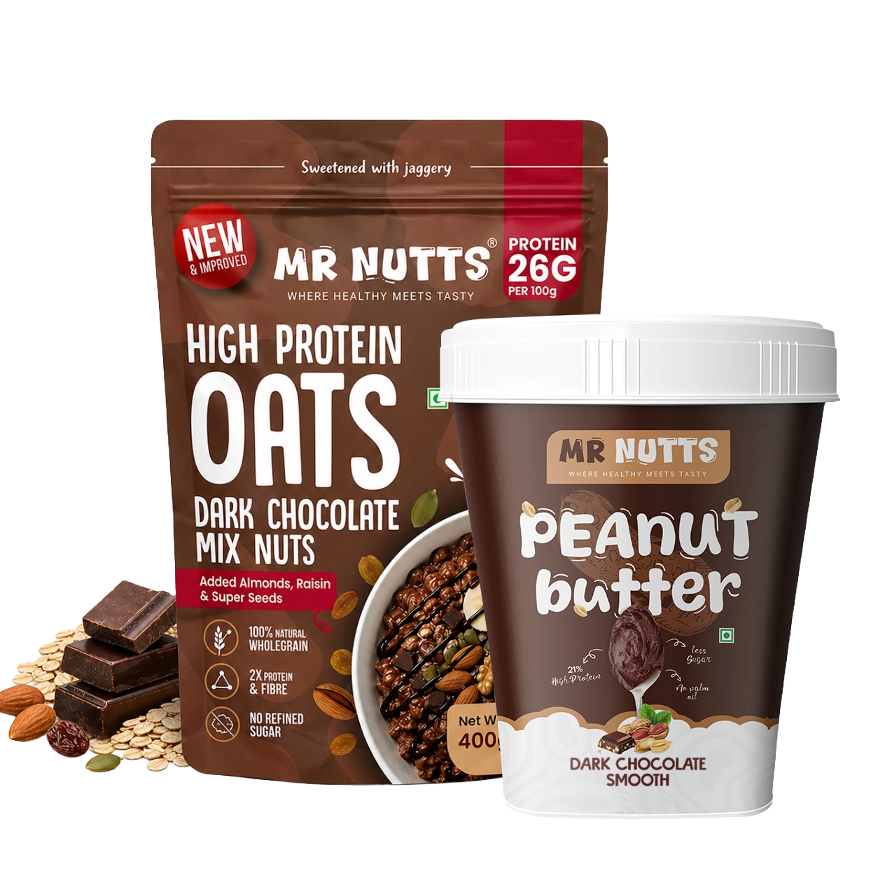 High Protein Oats – Dark Chocolate Mix Nuts (26g Protein) with Dark Chocolate Smooth Peanut Butter (500g)