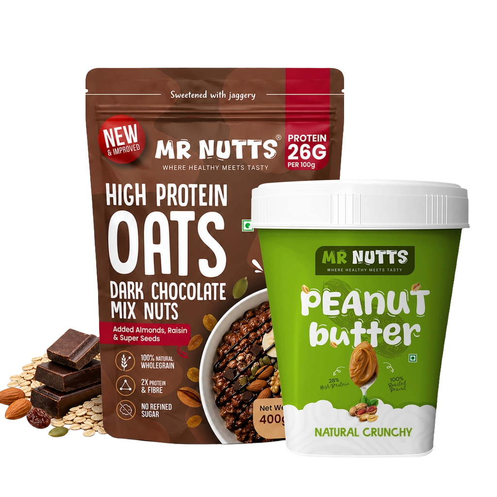 High Protein Oats – Dark Chocolate Mix Nuts (26g Protein) with Natural Crunchy Peanut Butter (500g)