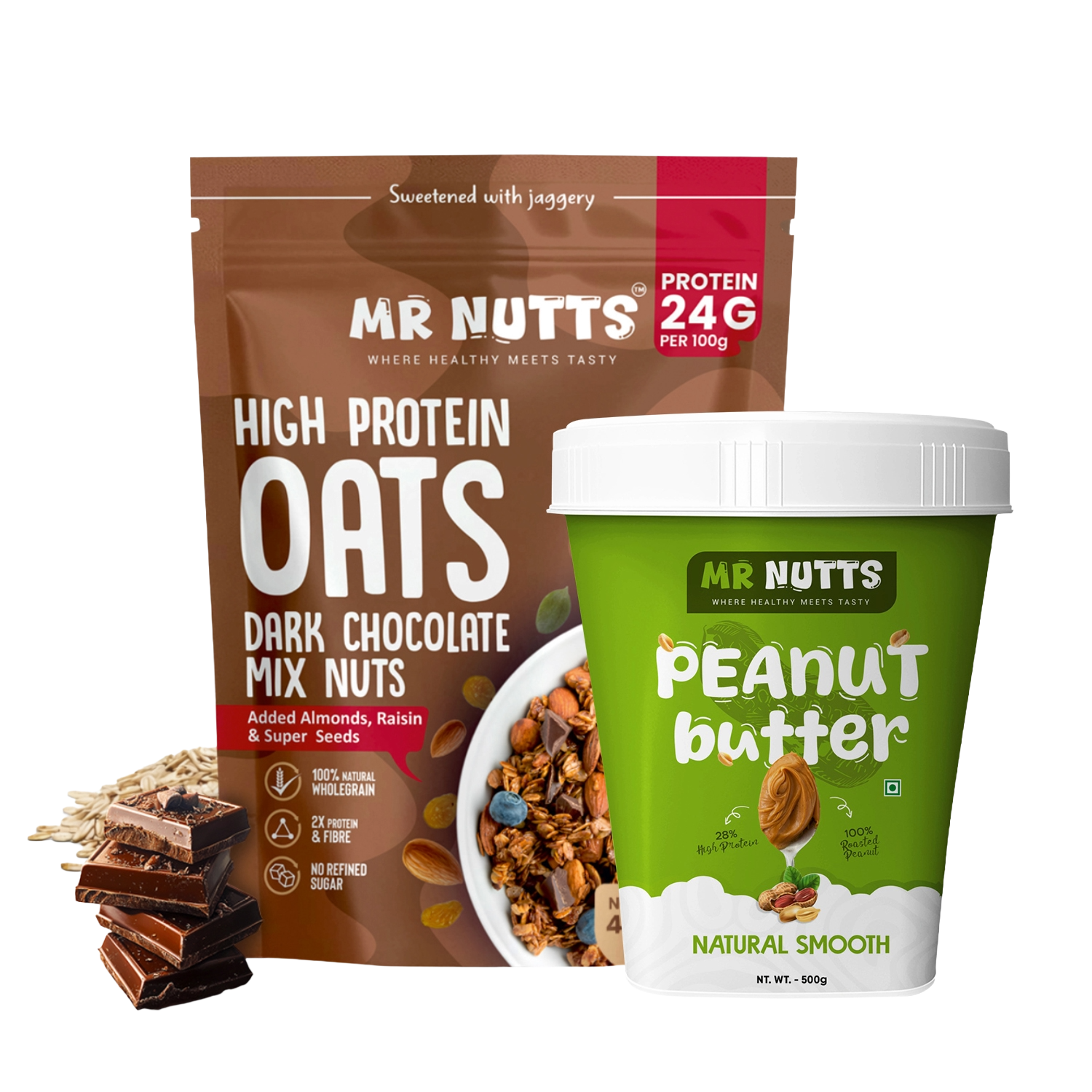 High Protein Oats – Dark Chocolate Mix Nuts (24g Protein) with Natural Smooth Peanut Butter (500g)